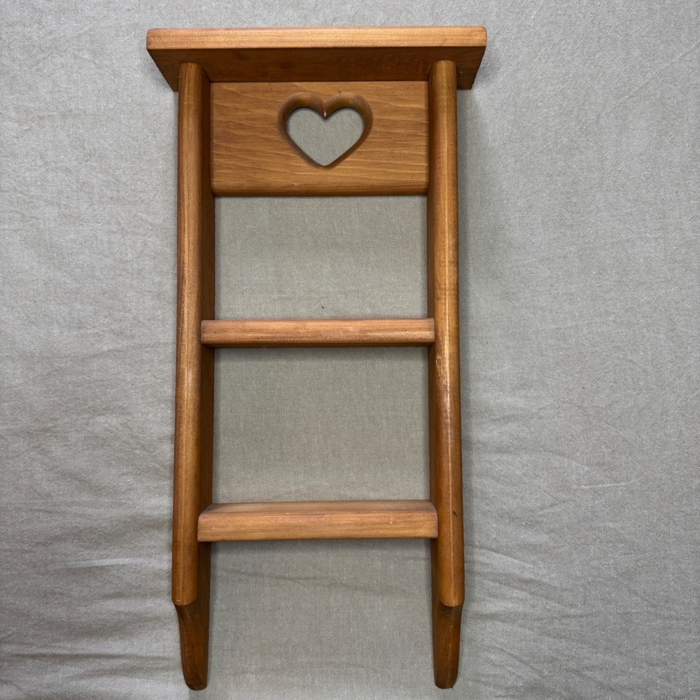 CottageCore Wooden Wall Ladder Shelf Heart Cutout 3 Tier Farmhouse Decor
